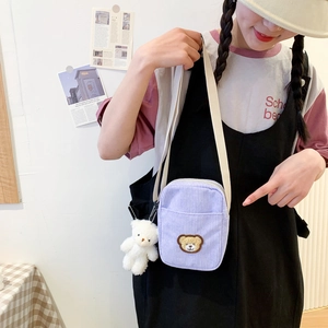 Purple corduroy crossbody bag with cute teddy bear embroidery and plush doll pendant