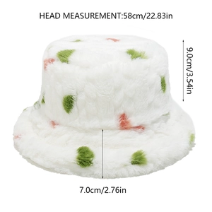 Detailed dimensions of white plush bucket hat with colorful dots showing 58cm circumference