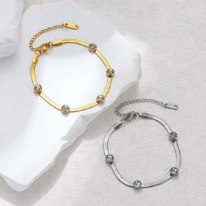 Flat snake bone stainless steel bracelets with five round zircons in gold and silver