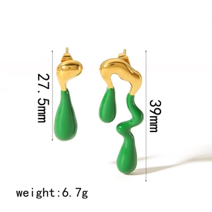 18K gold plated stainless steel asymmetric green drip earrings with fluid geometric design