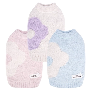 Three stretchable knitted dog sweaters with flower jacquard in pink, white, and blue colors