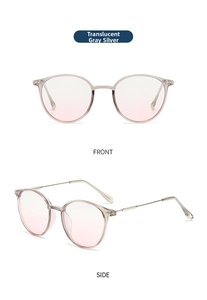 Detail view of transparent grey silver round glasses frame with metallic temples
