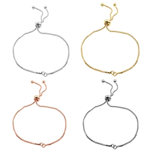 Adjustable box chain bracelets in silver gold rose gold and black tones displayed in a grid