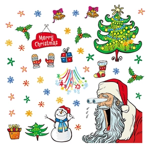 Cartoon Christmas window stickers featuring Santa Claus, snowman, and tree on white background