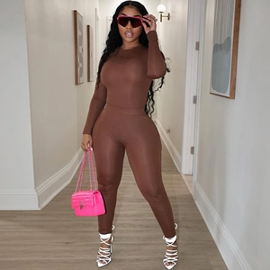 Haut À Manches Longues Et Col Rond Pour Femme Et Pantalon Serré Coupe Slim Haute Élasticité Couleur Unie Tenue Streetwear