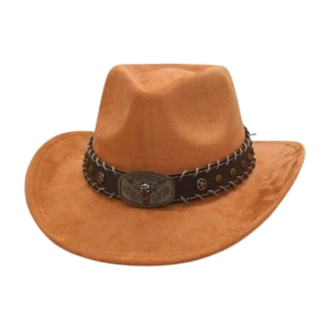 Brown faux suede western cowboy hat with bull head buckle and silver star rivets