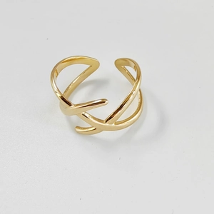 Polished gold multi-layer hollow geometric wing ring with adjustable open band design