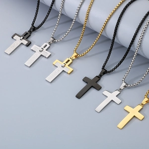 Cross necklaces in silver, gold, and black finishes with box and link chains