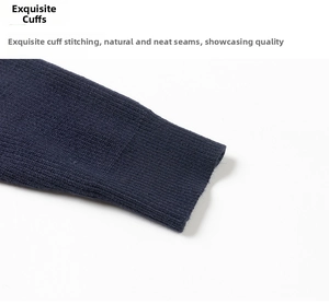 Close-up of dark blue ribbed cuffs on a men's knitted jacket with clean seam details