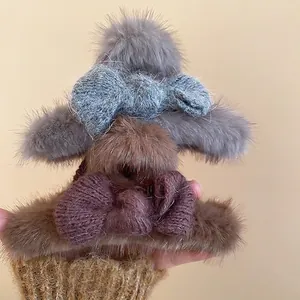 Chic plush bow shark hair clips in grey and brown for elegant autumn winter hairstyles