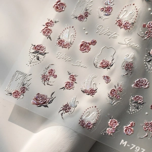 5D embossed white swan nail stickers with pink roses and elegant pearl texture M797