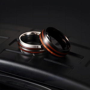 Men's 304 stainless steel ring featuring wood inlay and black silver brushed finish
