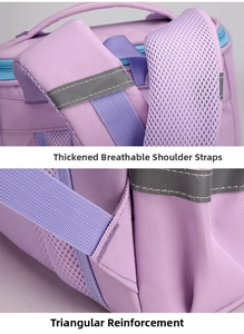 Detail of breathable padded shoulder straps and reinforced triangular stitching for kids backpack