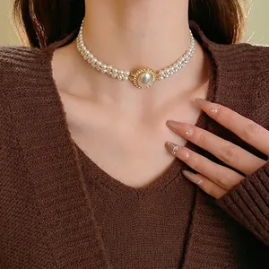 Double Layer Artificial Pearl Choker Necklace French Vintage Copper Alloy Rhinestone Oval Pendant Elegant Jewelry For Women