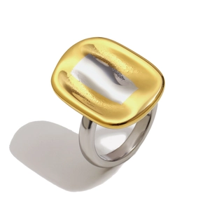 Modern 18K gold plated stainless steel chunky ring with silver band and gold rectangle face