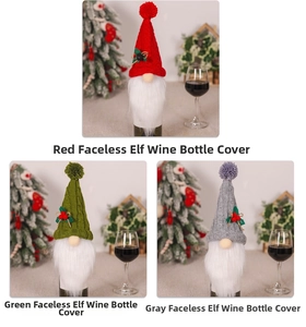 Détail de trois cache-bouteilles de vin gnome de Noël en tricot rouge, vert et gris
