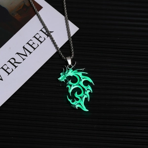Luminous dragon pendant necklace in silver finish with green glow-in-the-dark feature