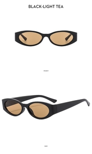 Front and side view of oval Y2K sunglasses with black frames and light tea lenses