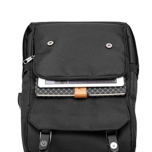 Black Oxford laptop backpack featuring a front pocket for tablets and notebooks