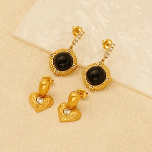 Vintage 18K gold plated stainless steel geometric earrings with black stone and diamond accents