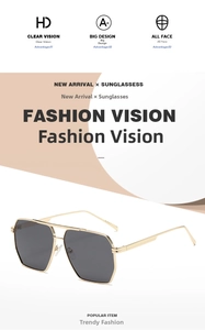 Detailed macro view of trendy double bridge sunglasses with gold frames and dark grey lenses