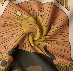 Macro detail of high-quality woven fabric texture on a vintage cat and sunflower tapestry