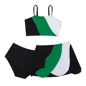 Three-piece girls' swimsuit set featuring black and green geometric color block design