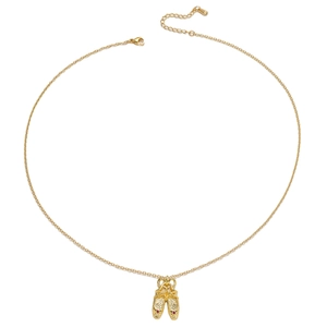 Elegant gold-tone necklace featuring ballet pointe shoe pendants with red rhinestone accents