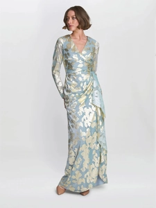 Elegant light blue wrap maxi dress with metallic gold leaf print and long sleeves