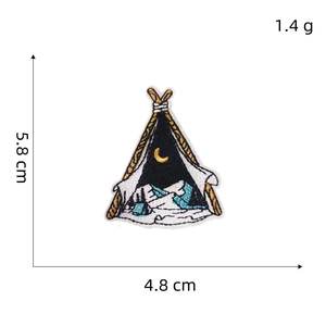 Detail of embroidered outdoor tent patch with dimensions 5.8cm x 4.8cm and weight 1.4g