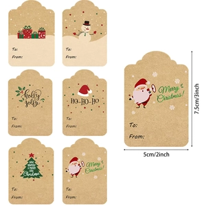 Brown kraft paper Christmas gift tags with assorted holiday designs and 7.5x5cm dimensions