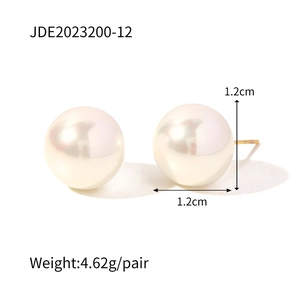 Detailed view of 1.2cm colorful large pearl stud earrings with gold pins on white background
