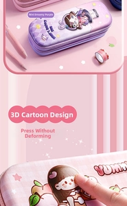Detail showing 3D embossed cartoon pencil case with shockproof EVA material and cute rabbit