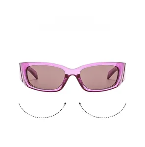 Detail view of purple transparent Y2K sports sunglasses with jelly texture frame