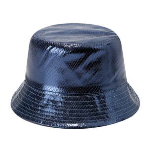 Metallic blue bucket hat featuring a snake skin pattern and laser PU leather finish