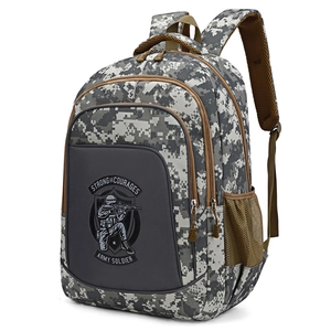 Digital camouflage backpack with multiple compartments and side mesh pockets for travel