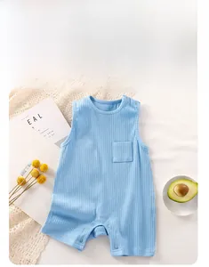 Detail of light blue ribbed cotton baby bodysuit featuring shoulder buttons and front pocket