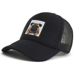 Classic black trucker hat with mesh back and pug dog animal patch for sun protection