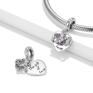 S925 sterling silver heart charm with pink cubic zirconia and The gift of love engraving