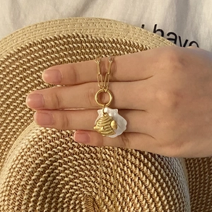 Golden fish necklace on white shell pendant with square link chain for women