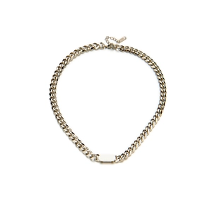 Polished silver titanium steel Cuban chain necklace with rectangular plaque and K18 tag