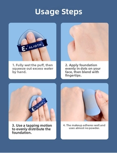 Step-by-step guide showing blue teardrop puff application from wetting to final base makeup