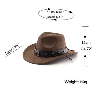 Vue détaillée d'un chapeau de cowboy marron avec dimensions et logo taureau