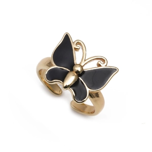 Adjustable gold-plated copper ring with black enamel butterfly design on white background