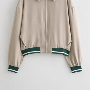 Khaki casual zip-up jacket with green and white striped ribbed cuffs and hem details