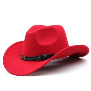 Detail view of red wool felt cowboy hat featuring a black leather belt with silver buckle