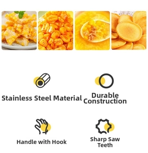 Detail of stainless steel corn peeler featuring a thickened handle and sharp serrated blade
