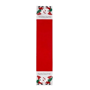 Red Christmas table runner with Santa gnome patterns and Merry Christmas text