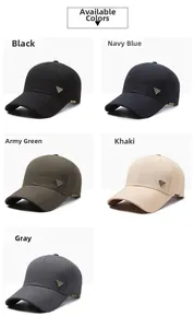 Detail view of five versatile baseball caps with metal side badges in various colors