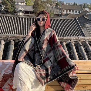 Ethnic hooded poncho with red and grey checkered knit pattern for outdoor travel wear